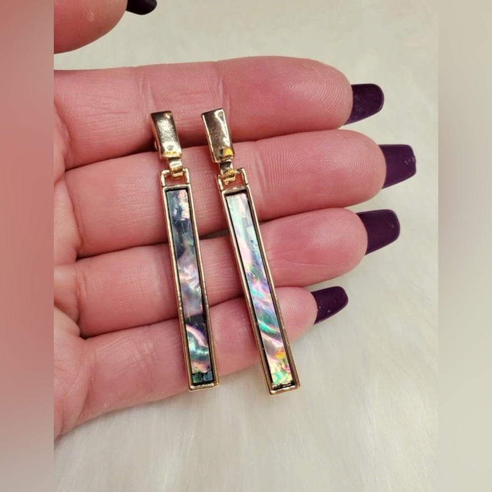 New Genuine Abalone Shell Linear Bar Drop Dangle Earrings - Picture 9 of 16